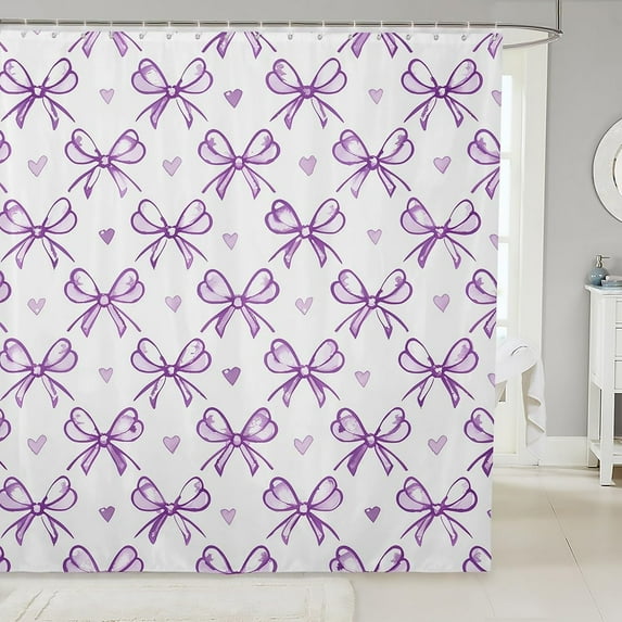 Purple Bow Girlish Shower Curtains,Bowknot Love Heart Cartoon Girly Bathroom Curtains for Girls Women,Bow Princess Style Romantic Simple Chic Waterproof Curtains,12 Hooks Suits,72" W x 72" L