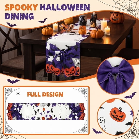 Purple Bow Halloween Table Runner 13x70 Inch, Cute Ghost Pumpkin Bat Web Pattern Table Cover, Reusable Halloween Themed Table Decor for Kitchen Party