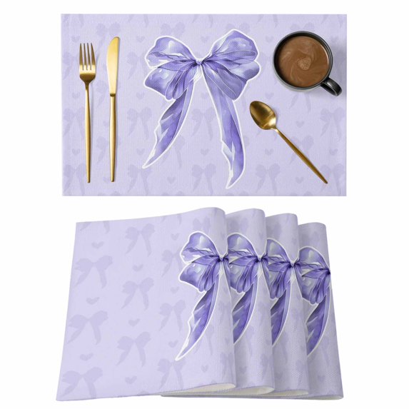 Purple Bow Placemats Set of 4, Cute Bowknot Simple Pure Color Placemats for Dining Table, Place Mats for Kitchen Tabletop, Waterproof Wipeable Dining Table Mats Set