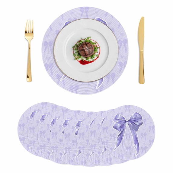 Purple Bow Round 15 Inch Placemats Set of 8, Cute Bowknot Simple Pure Color HeatResistant Non Slip Place Mats for Dining Table, Wipeable Braided Kitchen Table Mats for Housewarming