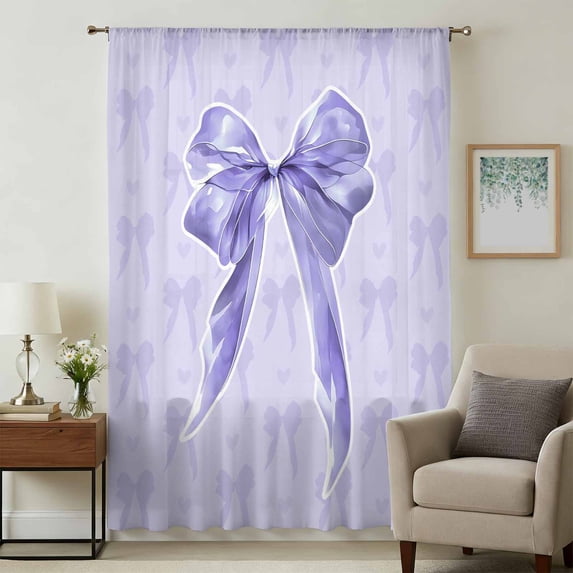 Purple Bow Sheer Curtains 45 Inches Long, Cute Bowknot Simple Pure Color Light Filering Curtains, Breathable Simi Curtain Privacy Drapes for Kitchen Bathroom Lightweight Small Window Treatment