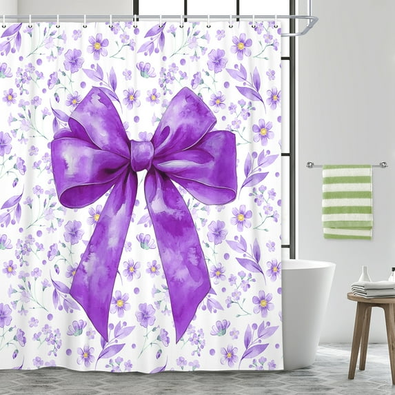 Purple Bow Shower Curtain, Cute Watercolor Floral Bow Princess Style Shower Curtain for Kids, Boho Aesthetic Bathroom Accessories Room Decor Shower Curtain Set, 72X72in