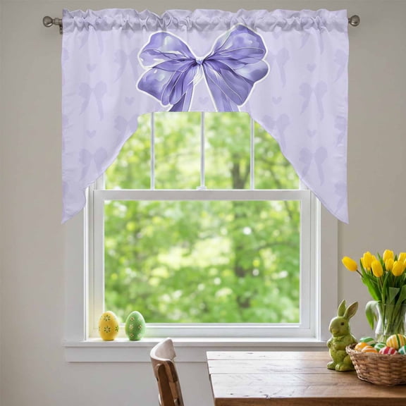Purple Bow Swag Valances for Kitchen Window, Cute Coquette Watercolor Bow Knot Ribbon Love Heart Small Swag Valances Rod Pocket Curtain Drapes Window Treatment for Bedroom Bathroom, 56x36 Inch