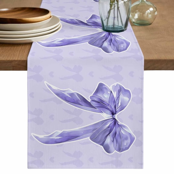 Purple Bow Table Runner, Cute Bowknot Simple Pure Color Washable Cotton Linen Table Runners 36 Inches Long, Dresser Scarf Runner for Nightstand/End Tables/Round Tables 13''x36''