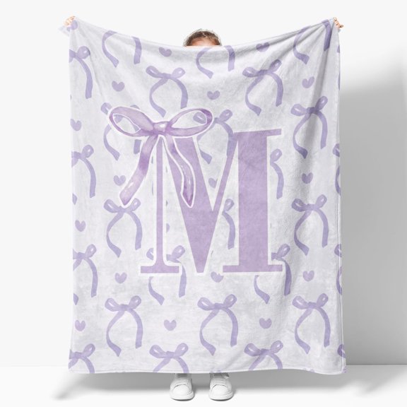 Purple Bow Throw Blanket,Personalized Initial M Soft Fluffy Cozy Flannel Blanket,Monogrammed Gifts for Daughter Women Teen Girls,Customized Blanket for Bedding Bedroom Office,50x60 Inches