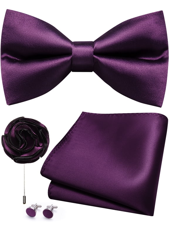 Purple Bow Ties for Men Pre-tied Silk Bowtie and Pocket Square Cufflinks Lapel Pin Set Tuxedo Wedding Party 4PCS