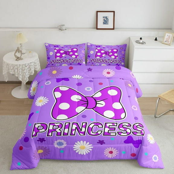 Purple Bowknot Comforter Set Twin Size,Star Daisy Floral Geometric Dots Patchwork Bedding Set,Women Room Decor,Bow Tie Princess Cute Down Comforter,Romantic Duvet Insert,1 Pillowcase