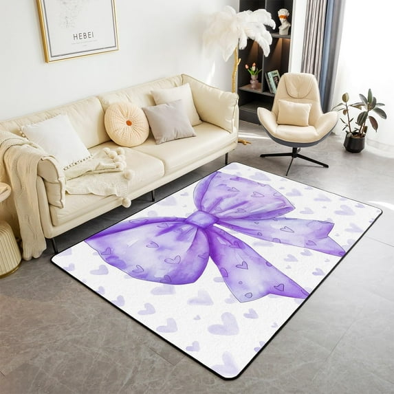 Purple Bowknot Living Room Rugs Area Rug,Princess Style Girly Romantic Rug For Warm Indoor Floor Mat,Watercolor Bow Love Hearts Ink Painting Non-Slip Decorative Rug 3x4ft