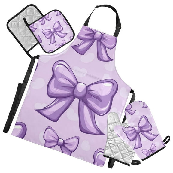 Purple Bowknots Cartoon Cute Hearts Apron Set with Oven Mitts Pot Holders Set of 5 Kitchen Stuff Accessories