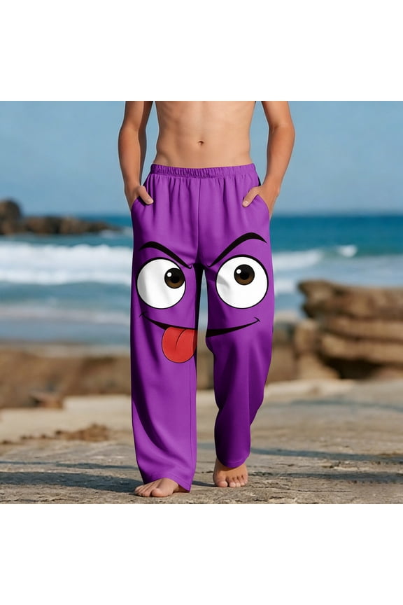 Purple Boys Emoji Pjs Pants - Kids Cartoon Face Print Beach Pants with Elastic Waist, Soft Comfort for Play and ,Size 4 T