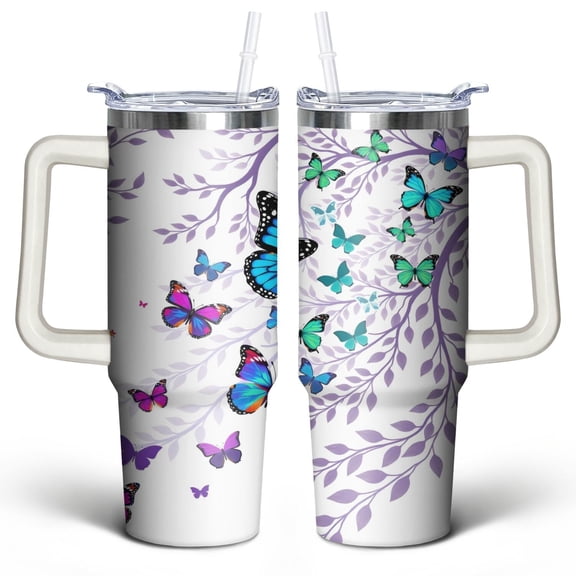 Purple Branches, Flowers and Butterflies 30 Oz Tumbler with Handle Lid and Straw, Stainless Steel Double Walled Vacuum Insulated Cup, Cute Birthday Gifts Tumbler for Women Men Friends