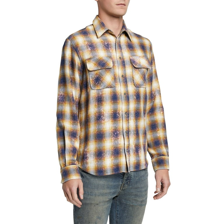 purple and yellow flannel shirt
