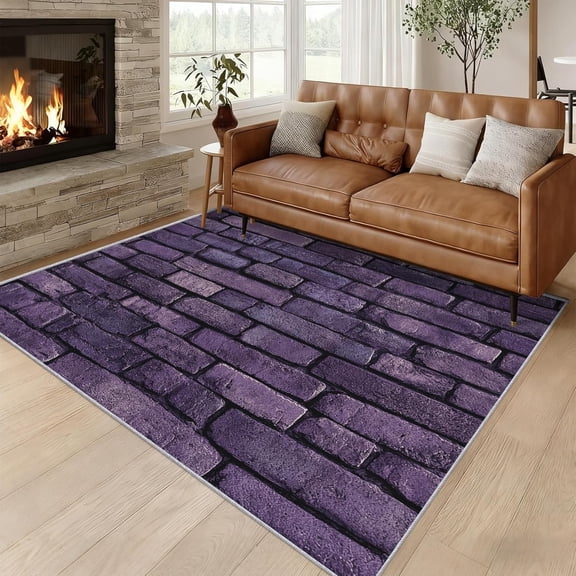 Purple Brick Wall Area Rug, Rustic Stone Pattern Carpet, Washable Non Slip Low Pile Soft Thin, Living Room Bedroom Home Decor Mat 2x3ft