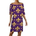 thumbnail image 1 of Purple Bright Mardi Gras - Fleur De Lis Women's Off The Shoulder Ruffles Summer Wedding Guest Loose Casual Party Beach Dress, 1 of 9