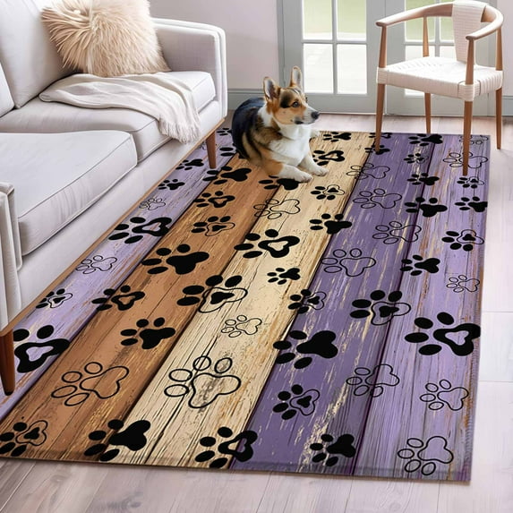 Purple Brown Area Rug 4x6 Washable Rug Non Slip Rustic Farmhouse Dog Paw Vintage Large Area Rug Indoor Floor Carpet for Entryway Bedroom Kitchen Living Room Home Office Dining Room Nursery