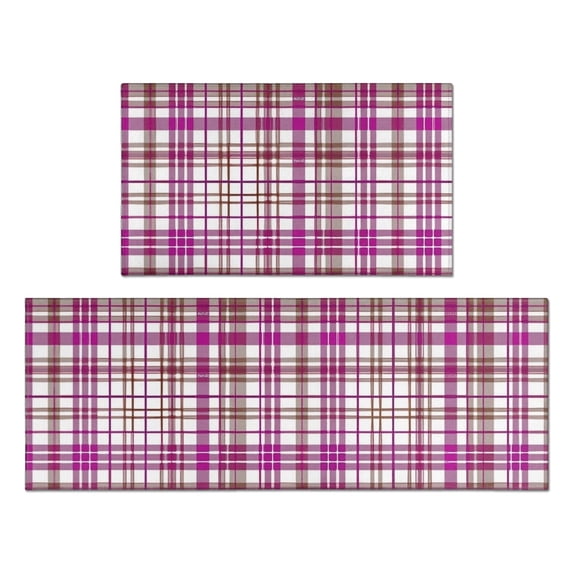 Purple and Brown Checkered Pattern Anti Fatigue Kitchen Rugs Set Of 2, Non Slip Washable Decorative Floor Mats for Kitchen Sink Laundry, 17"x30" and 17"x47"