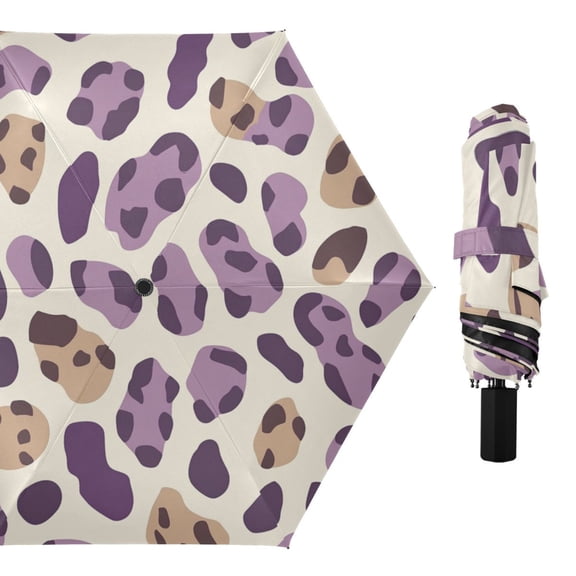 Purple Brown Leopard Skin Print All Weather Umbrella Triple Folding Parasol 6 Ribs UV Protection Portable