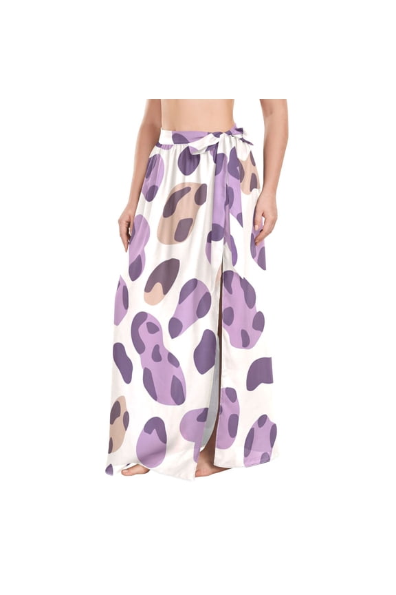 Purple Brown Leopard Skin Print Women's Swimwear Cover Ups Strappy Beach Dress Sarong Wrap M
