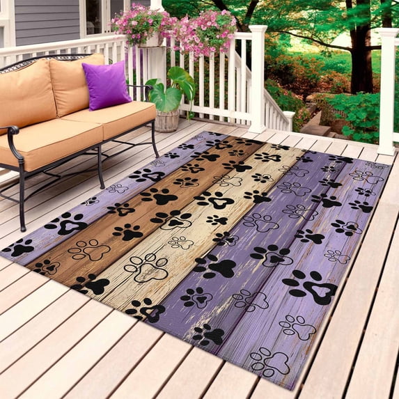 Purple Brown Outdoor Rug 3x5 Ft, Non Slip Washable Area Rug, Rustic Farmhouse Dog Paw Vintage Patio Rugs Carpet Runner, Large Floor Mat for Indoor/Outdoor Deck Porch Camping