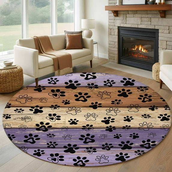 Purple Brown Round Rug 6ft Washable Circle Kitchen Rugs Non Slip Rustic Farmhouse Dog Paw Vintage Large Area Rug Indoor Floor Carpet for Bedroom Living Room Home Office Dining Room Nursery