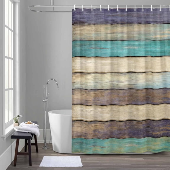 Purple Brown Shower Curtain for Bathroom Decor, Turquoise Wood Grain Farmhouse Vintage Waterproof Fabric Shower Curtain, 72"x72" Set with 12 Hooks