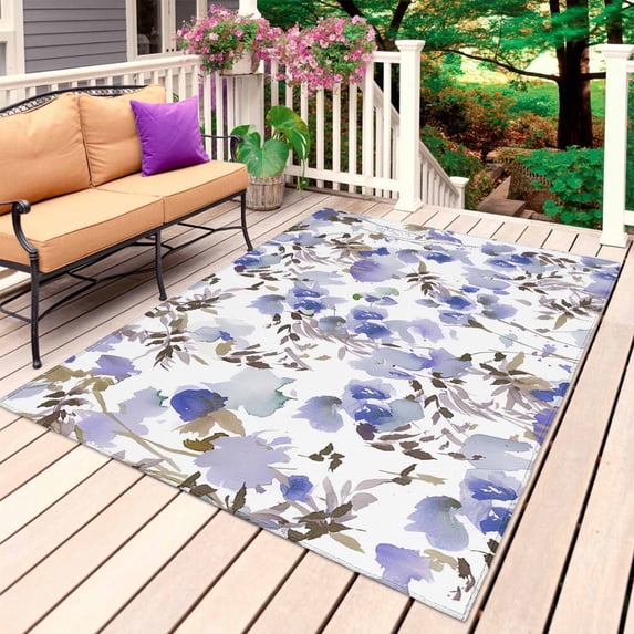 Purple Brown Spring Floral Outdoor Rug for Patio/Deck/Porch, Non-Slip Large Area Rug 4 x 6 Ft, Watercolor Blooming Botanical Summer Indoor Outdoor Rugs Washable Area Rugs, Camping Rug Carpet Runner