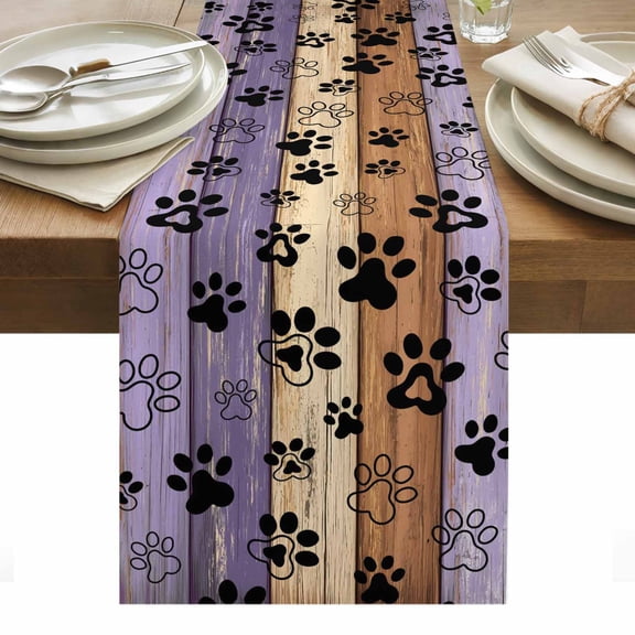 Purple Brown Table Runner - 108 Inch Long, Kitchen Dining Table Runner Dresser Scarves, Rustic Farmhouse Dog Paw Vintage Farmhouse Decor for Coffee Tables Wedding Party Banquet
