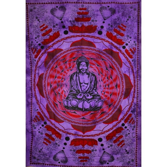Purple Buddha In Dharma Chakra Mudra On A Lotus Flower Tapestry