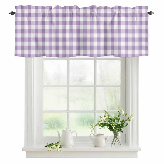 Purple Buffalo Check Plaid Valances for Windows, Rod Pocket Kitchen Valance Curtains - Soft & Washable Small Window Treatment for Living Room, Bathroom, Farmhouse Style 42x12inch, 1 Panel
