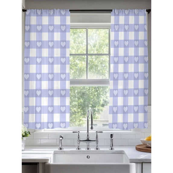 Purple Buffalo Striped Sheer Curtains for Living Room Bedroom Love Heart Checkered Sheer Curtains 72 Inch Long 2 Panels Set Light Filtering Curtain Window Treatments Drapes for Dining Room