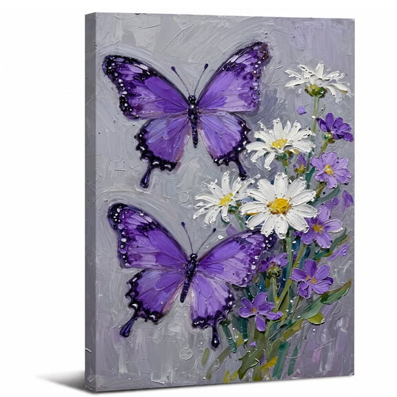 Purple Butterflies Among Wildflowers Canvas Wall Art,perfect for bathroom bedroom or living room decor beautiful wall artwork,12x18in