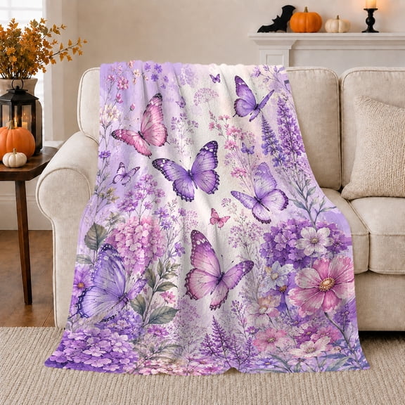 Purple Butterflies Floating Among Abundant Garden Flowers, Soft Flannel Blanket with Botanical Watercolor Illustration Print, Housewarming Gift and Home Decor for Bedroom and Living Room