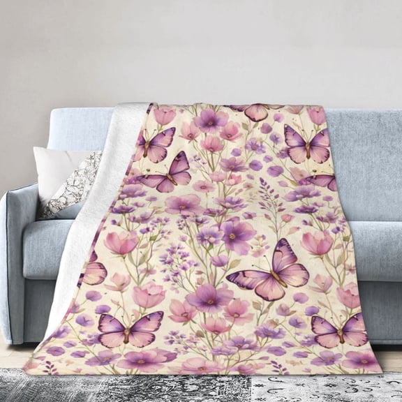 Purple Butterflies Floral Blanket Gift Cozy Soft Home Decor for Nature Lovers 50x40