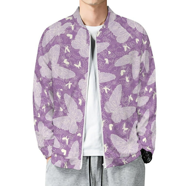 Purple Butterflies Floral Jacket for Men Lightweight Casual Zip Up Bomber Jacket Men Spring Fall Windbreaker Coat with Pocket