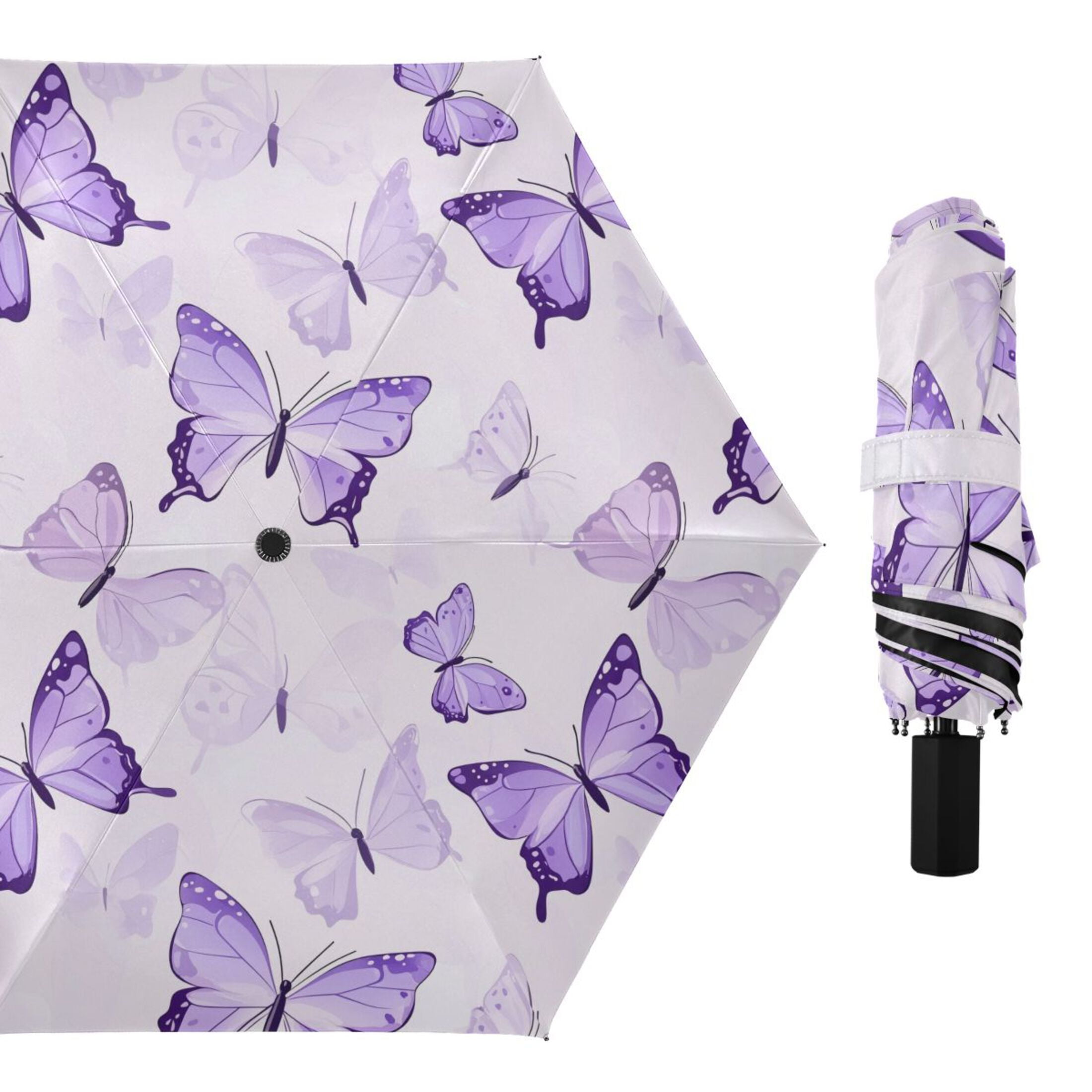 Purple Butterflies Flying All Weather Umbrella Triple Folding Parasol 6 Ribs UV Protection Portable