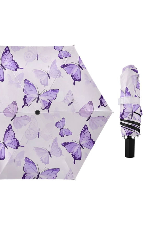 Purple Butterflies Flying All Weather Umbrella Triple Folding Parasol 6 Ribs UV Protection Portable
