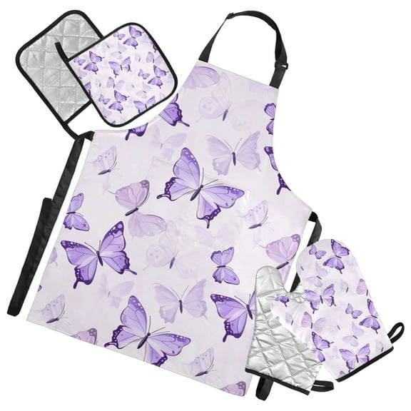 Purple Butterflies Flying Apron Set with Oven Mitts Pot Holders Set of 5 Kitchen Stuff Accessories