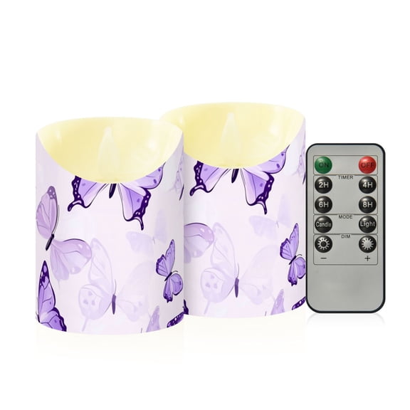 Purple Butterflies Flying Flickering Flameless Candles with Remote Timer Battery Operated LED Tealight Set of 2 S