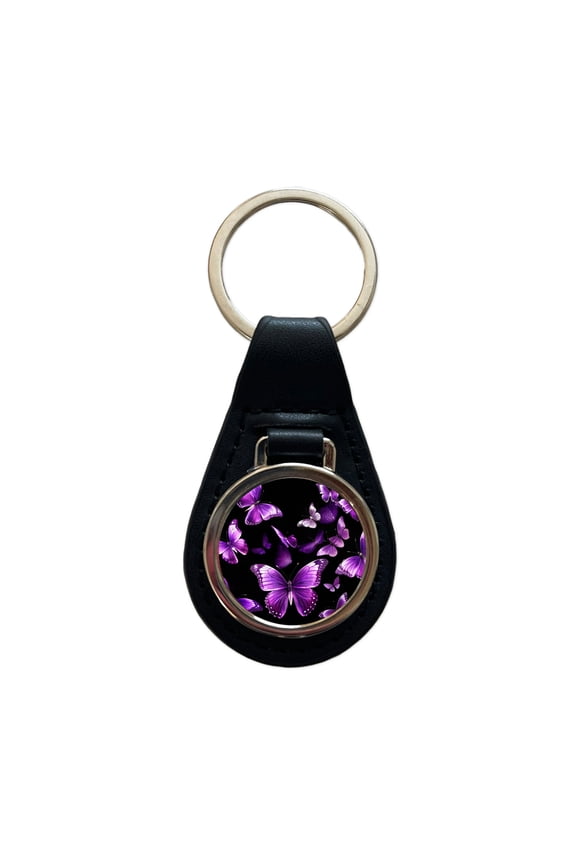 Purple Butterflies Flying Metal Black Leather Keychain