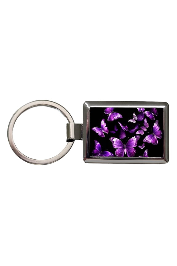 Purple Butterflies Flying Metal Rectangle Keychain