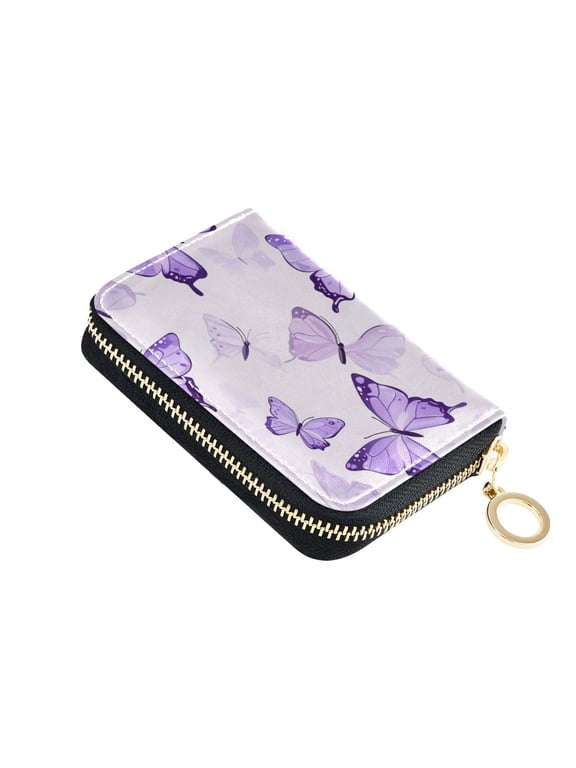 Purple Butterflies Flying Women's Credit Card Holder PU Leather Zipper Wallet RFID Blocking