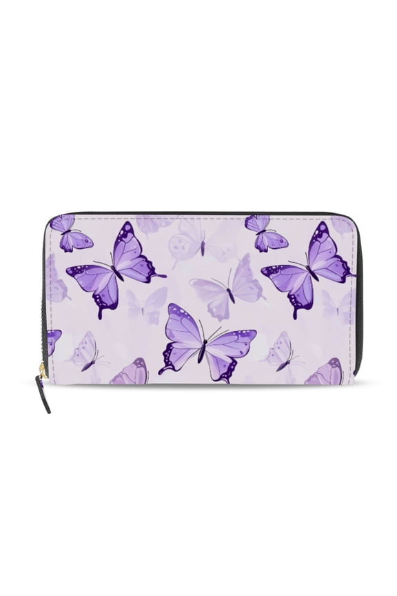 Purple Butterflies Flying Women's Long Zipper Wallet Bifold Clutch Purse PU Leather Card Cases