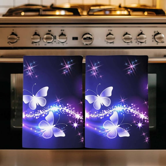 Purple Butterflies Kitchen Towels Set of 3, Modern Abstract Fantasy Gradient Absorbent Dish Towels for Kitchen, Microfiber Hand Towel, Quick Drying Tea Towel for Cleaning Decorative Dishcloths