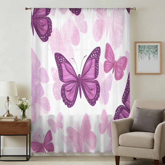 Purple Butterflies Sheer Curtains 45 Inches Long, Spring Summer Butterfly Light Filering Curtains, Breathable Simi Curtain Privacy Drapes for Kitchen Bathroom Lightweight Small Window Treatment
