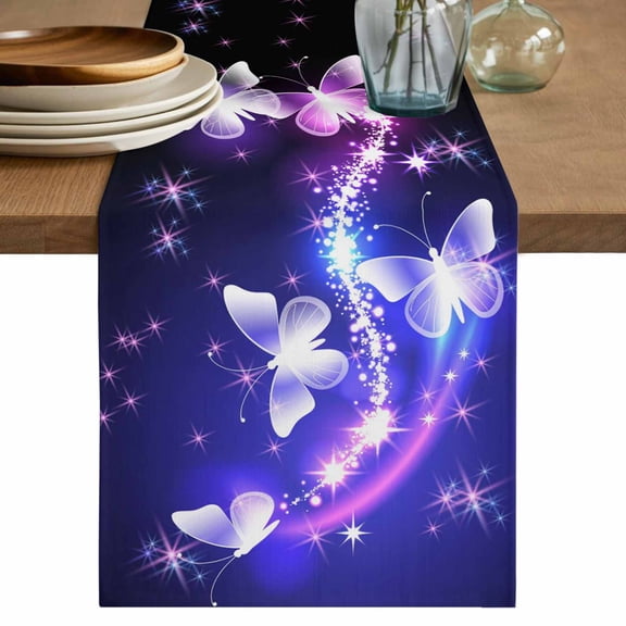Purple Butterflies Table Runner, Modern Abstract Fantasy Gradient Washable Cotton Linen Table Runners 36 Inches Long, Dresser Scarf Runner for Nightstand/End Tables/Round Tables 13''x36''