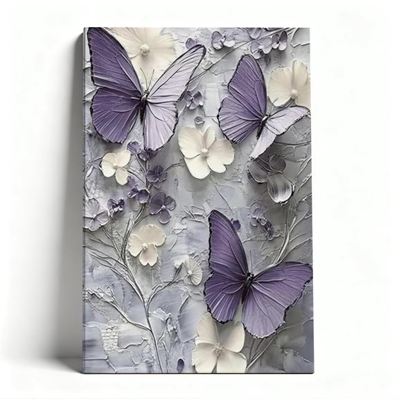 Purple Butterflies Textured Canvas Wall Art, Whimsical Floral Decor, 3D-Look Botanical Artwork for Bedroom, Ready to Hang