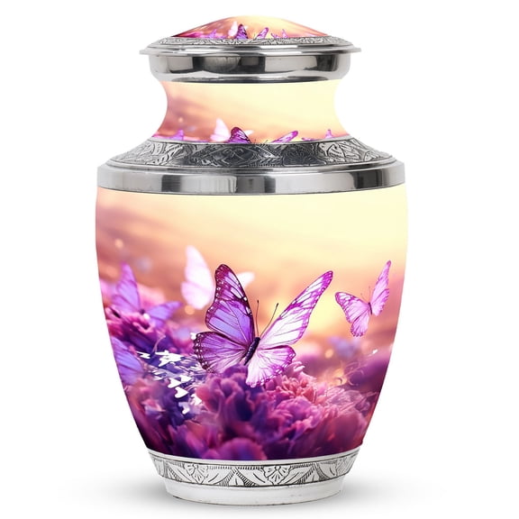 Purple Butterflies Urn for Human Ashes, Large Decorative Urns for Ashes Adult Female, Memorial Funeral Urns for Ashes Adult Male, Purple Butterfly Pattern for Cremation, 10 Inch