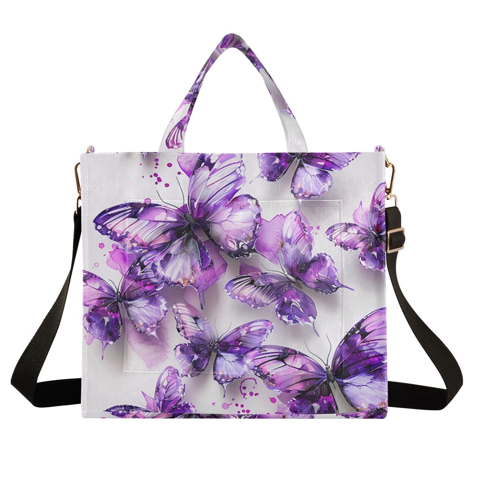 Purple Butterflies Watercolor Corduroy Tote Bag Handbag Large Messenger Bag Shoulder Crossbody Zipper Bag Purse