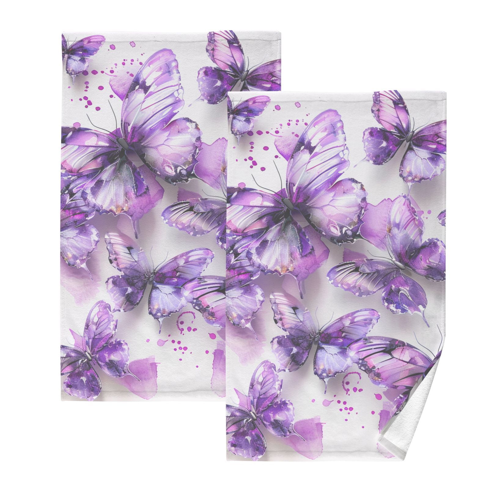 Purple Butterflies Watercolor Hand Towel Bath Towels Face Towels Cotton Absorbent for Home Hotel Spa Swimming Yoga Sports Decorative Towel Set of 2