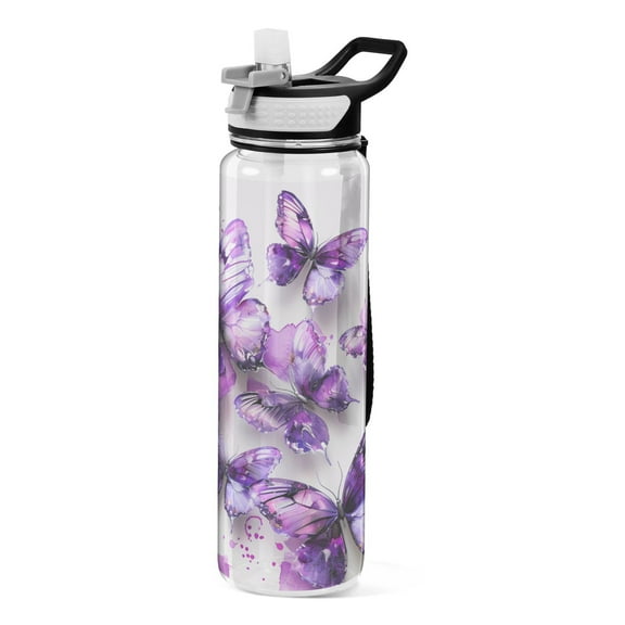 Purple Butterflies Watercolor Sports Water Bottle Portable Travel Mug 32oz BPA Free Leak Proof Straw Transparent Tritan for Gym Yoga Cycling Camping